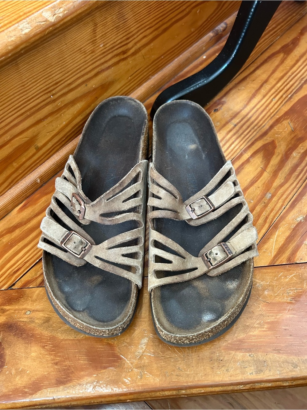 Birkenstock Taupe Suede Strappy Slide Sandals with Buckles